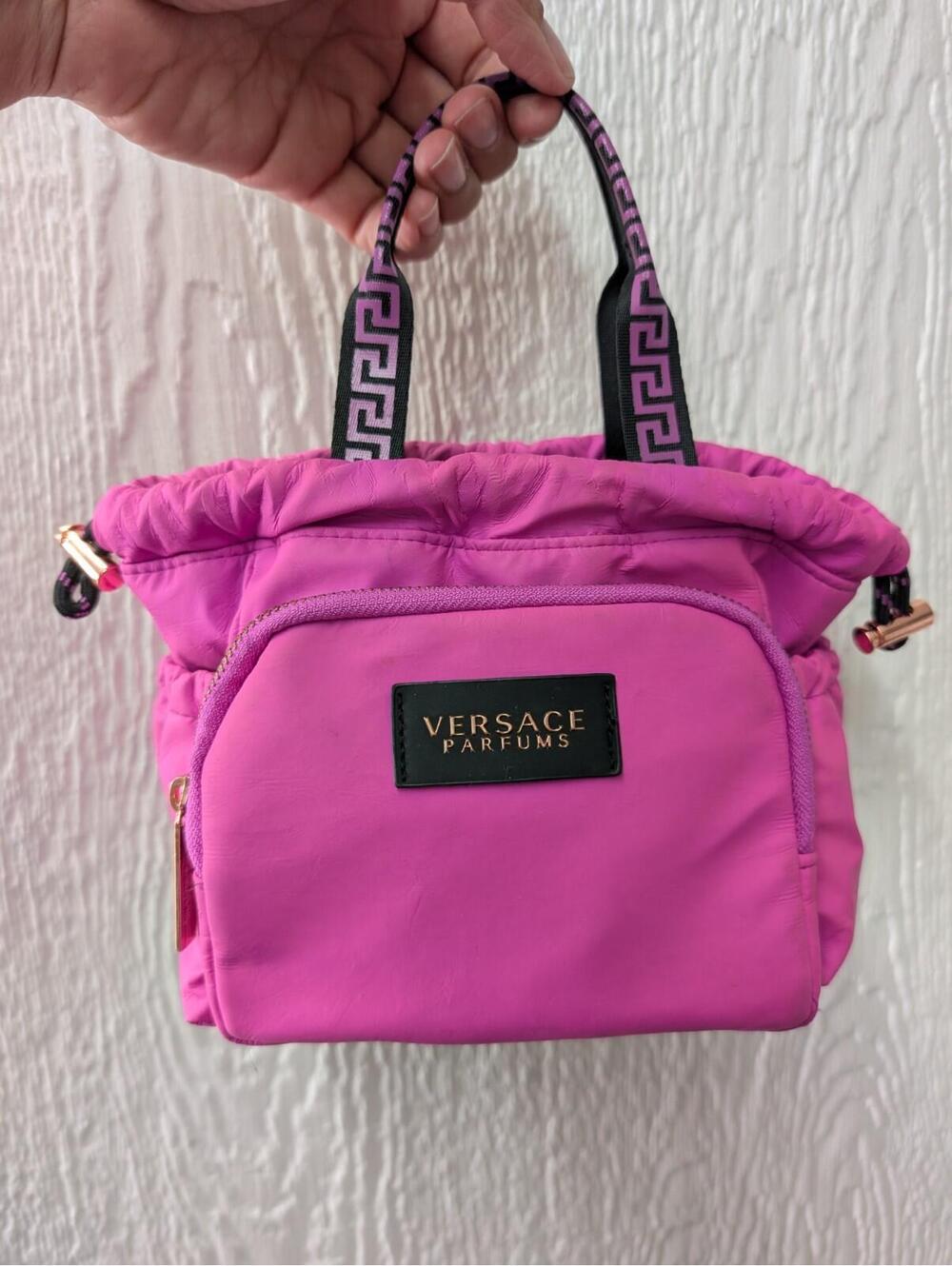 VERSACE Parfums Fuchsia Purple Nylon Mini Tote Handbag Drawstring Cosmetic Pouch